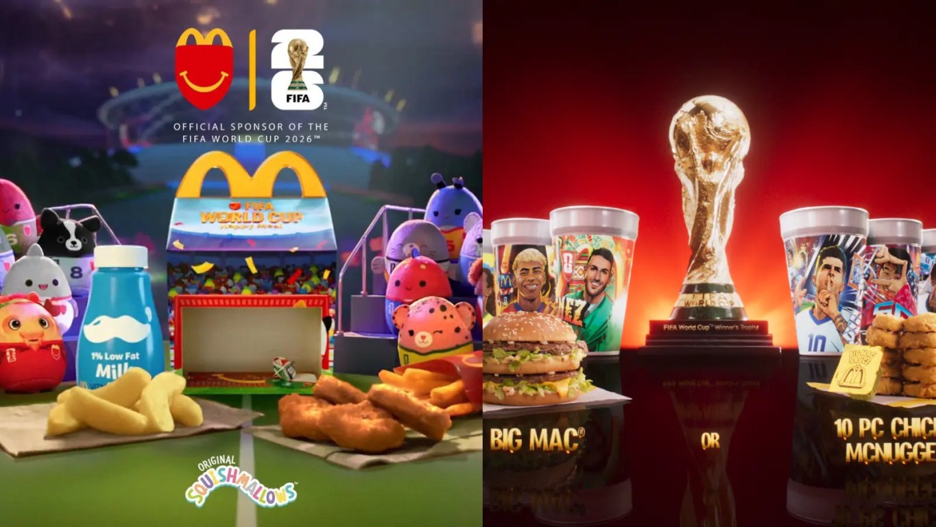 A news photo of a newly launched McDonald's World Cup meal layout, highlighting custom soccer-themed branding patterns on the fry box packages.