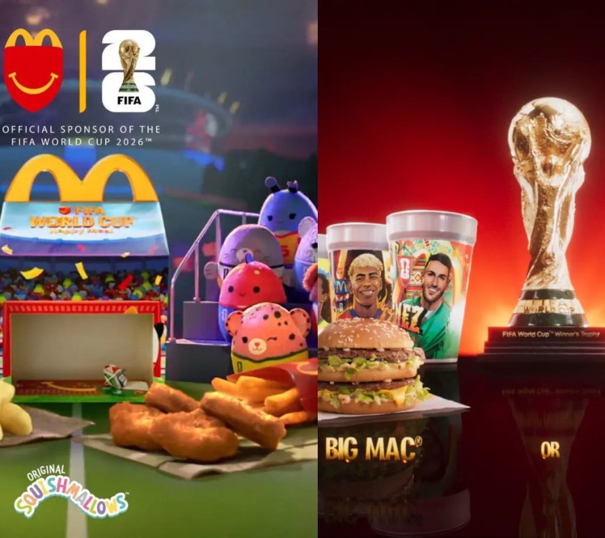 A news photo of a newly launched McDonald's World Cup meal layout, highlighting custom soccer-themed branding patterns on the fry box packages.