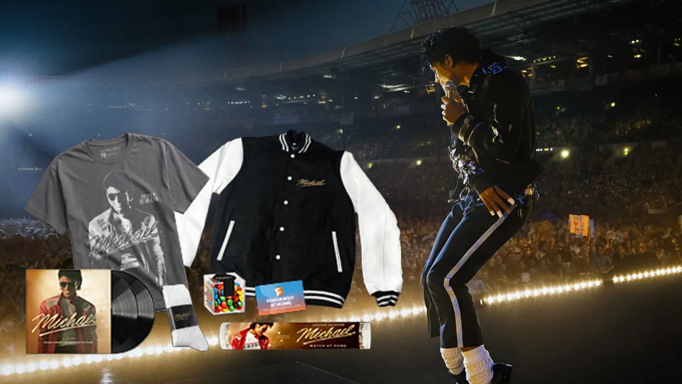 Michael biopic Ultimate Home Premiere Box featuring collectible merchandise including apparel, vinyl soundtrack, and movie-themed accessories.