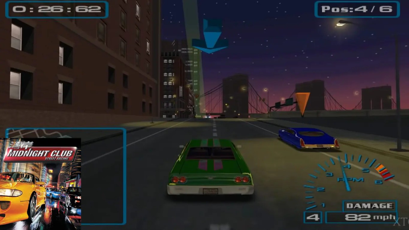 A direct display photograph showcasing the original retro retail cover packaging art layout for Midnight Club: Street Racing on the PlayStation 2.