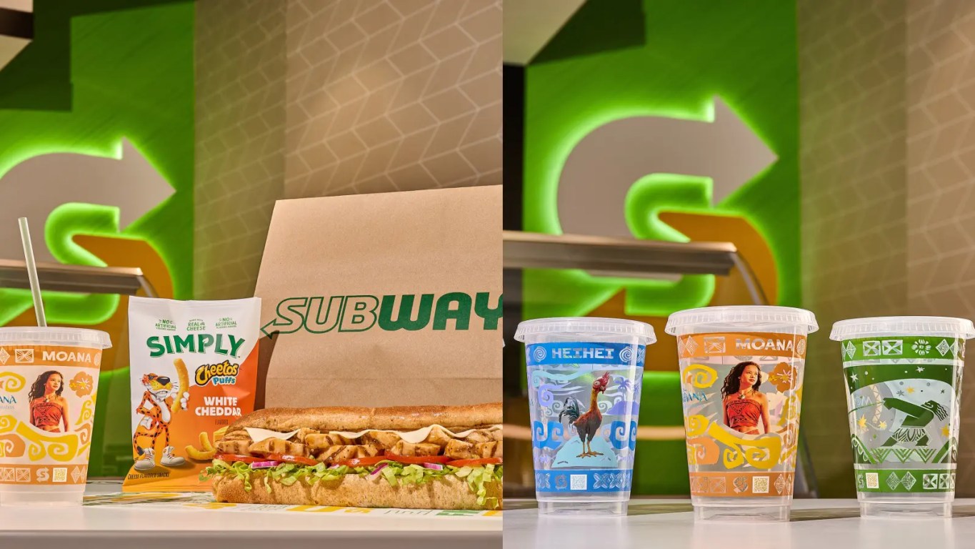 Subway Moana meal promotion featuring collectible character cups and Disney live-action film branding in restaurant display.