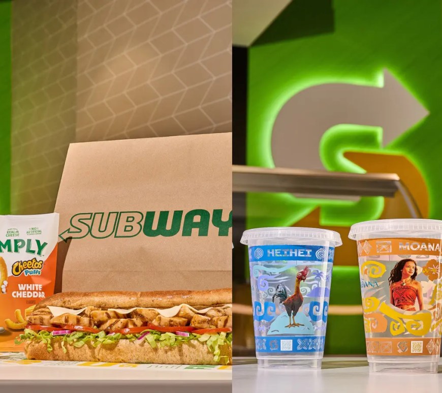 Subway Moana meal promotion featuring collectible character cups and Disney live-action film branding in restaurant display.