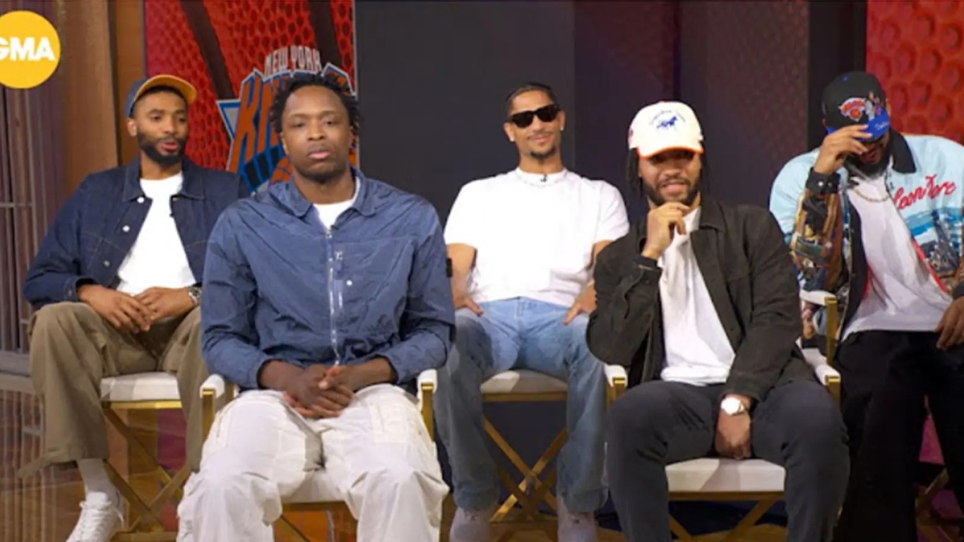 New York Knicks players Jalen Brunson, Karl-Anthony Towns, OG Anunoby, Mikal Bridges and Josh Hart appear on Good Morning America after winning the NBA championship