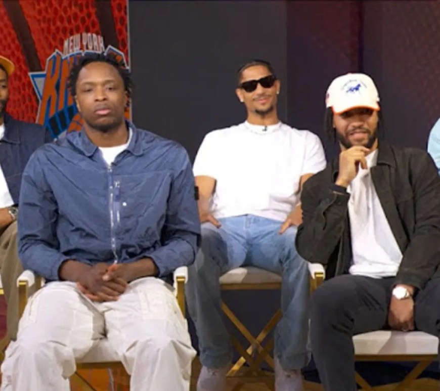New York Knicks players Jalen Brunson, Karl-Anthony Towns, OG Anunoby, Mikal Bridges and Josh Hart appear on Good Morning America after winning the NBA championship