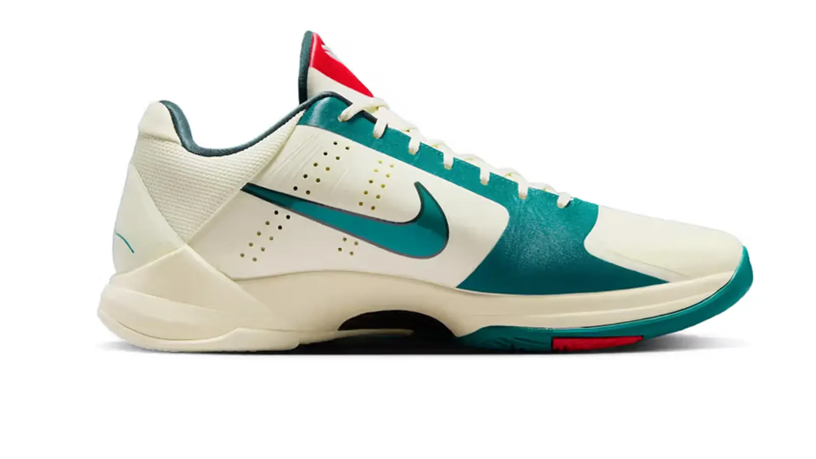 A clean, high-contrast studio side profile shot of the Caitlin Clark x Nike Kobe 5 Protro Scrabble, highlighting the smooth Coconut Milk upper, a vibrant Bright Spruce green Swoosh, and subtle University Red accents on the outsole.