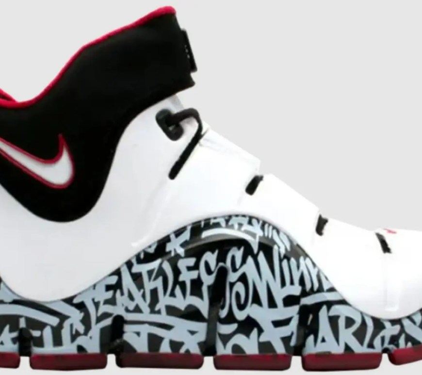 A crisp, high-contrast studio flat-lay archival photo showcasing a pristine pair of 2006 Nike Zoom LeBron 4 sneakers.