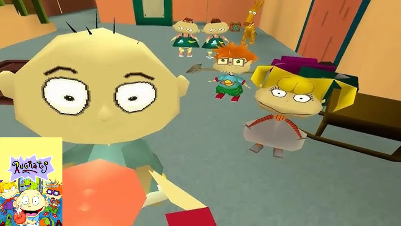 A high-contrast macro studio layout display photograph of the vintage 1998 PlayStation 1 physical game case for Rugrats Search for Reptar.