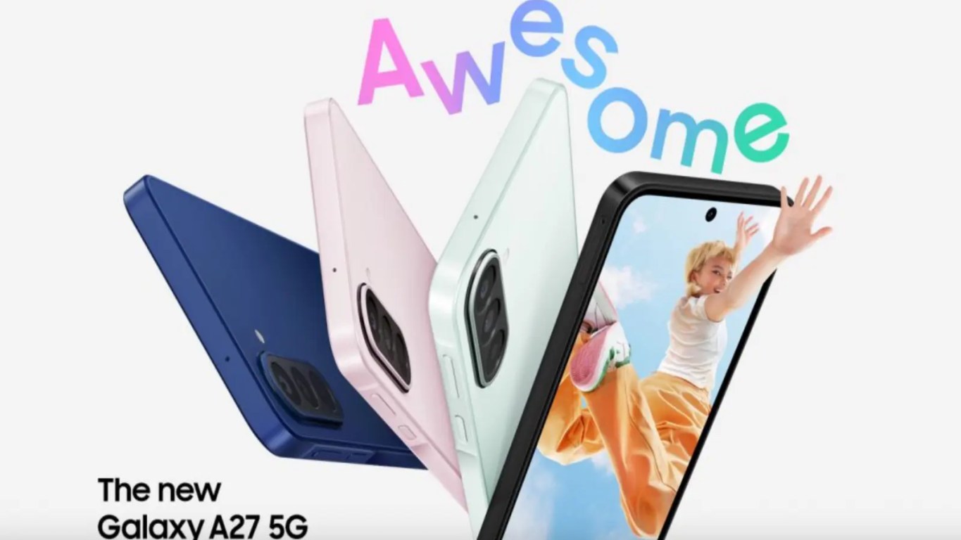 A clean, flat-lay studio product shot showcasing the sleek rear panel design of the new Samsung Galaxy A27 5G smartphone surrounded by its available color choices.