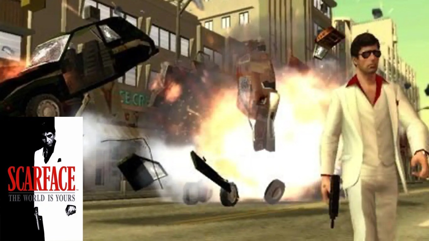 A high-contrast gameplay screenshot from the 2006 PS2 game Scarface: The World Is Yours, showing Tony Montana wielding an assault rifle during a high-stakes neon-lit Miami shootout.