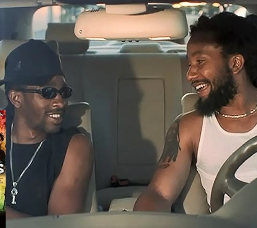A high-contrast cinematic frame from the 2002 movie Shottas, featuring Kymani Marley and Spragga Benz in a gritty urban street setting.