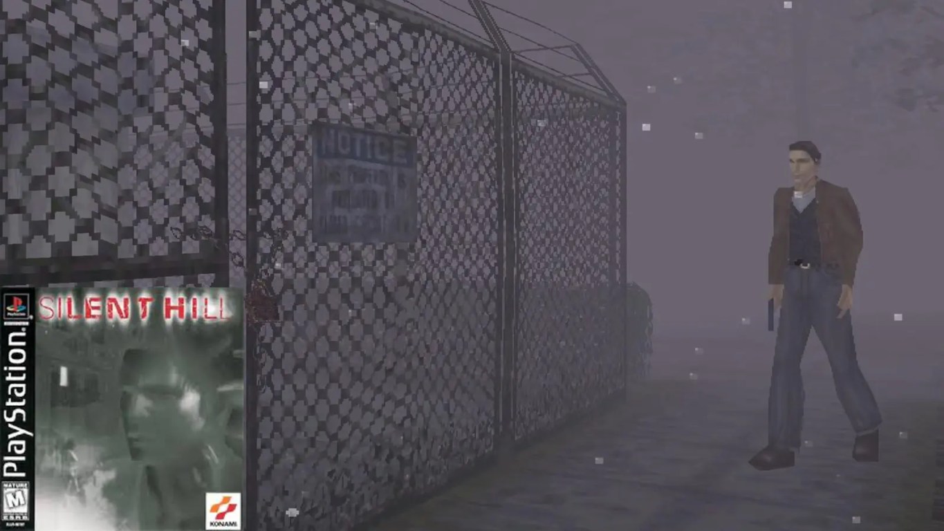 A high-contrast cinematic frame showing the ash-covered, fog-laden ghost town street layout for Christophe Gans' 2006 horror adaptation Silent Hill.
