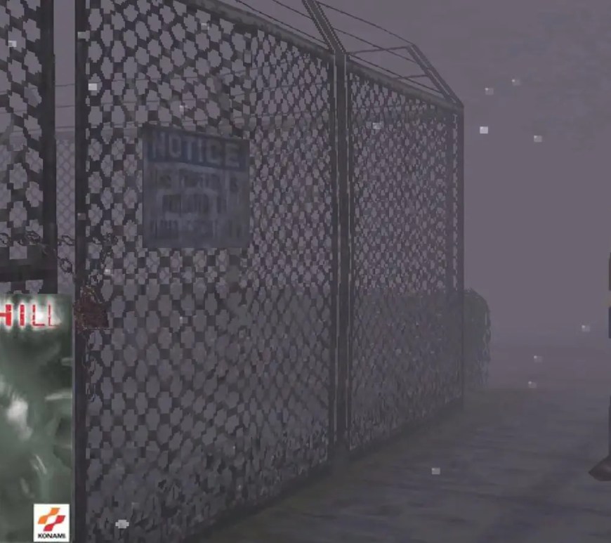 A high-contrast cinematic frame showing the ash-covered, fog-laden ghost town street layout for Christophe Gans' 2006 horror adaptation Silent Hill.