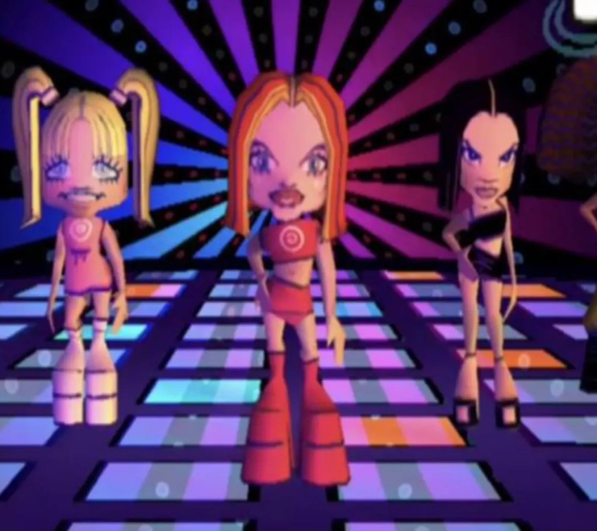 A crisp retro studio shot highlighting the original physical European jewel case of Spice World for the PlayStation 1, showcasing the iconic colorful pop art graphics of the group.