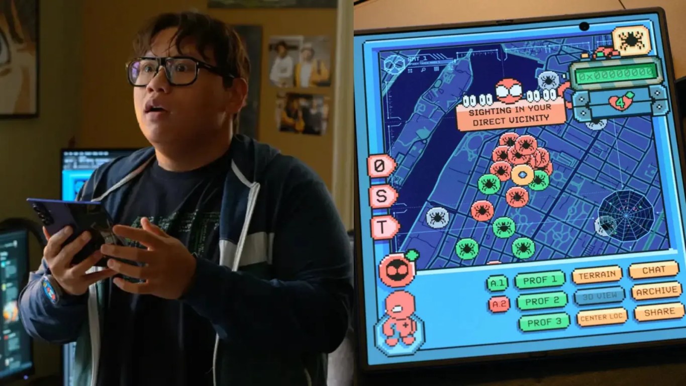 An eye-level of Ned leeds holding an open Samsung Galaxy Z Fold smartphone next to a Galaxy Watch on their wrist, displaying an interactive digital map interface with a spider-web layout tracking locations across a city grid.