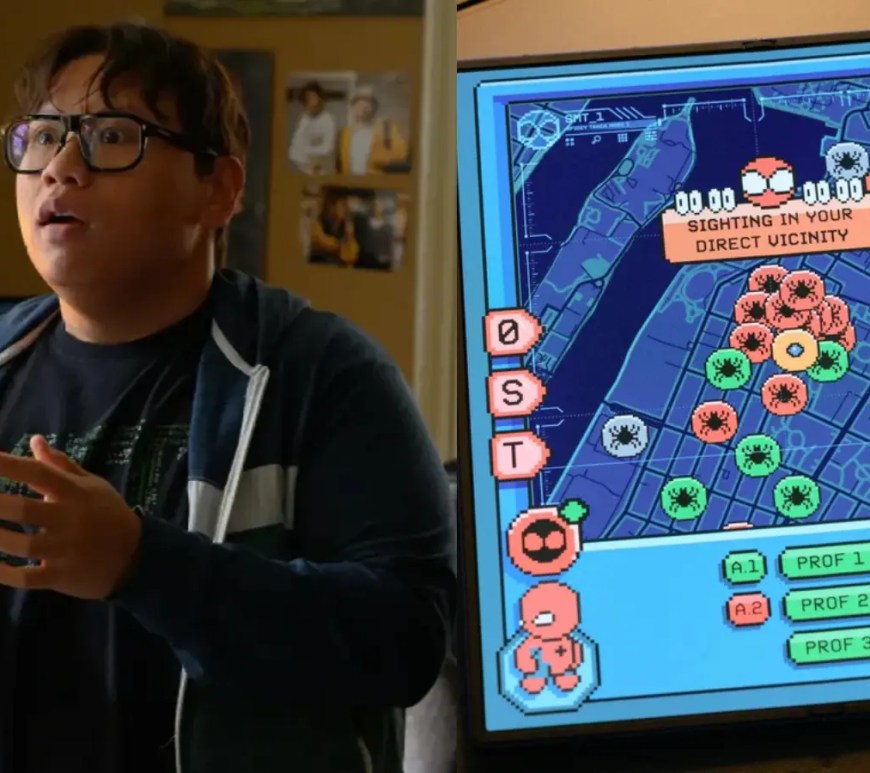 An eye-level of Ned leeds holding an open Samsung Galaxy Z Fold smartphone next to a Galaxy Watch on their wrist, displaying an interactive digital map interface with a spider-web layout tracking locations across a city grid.