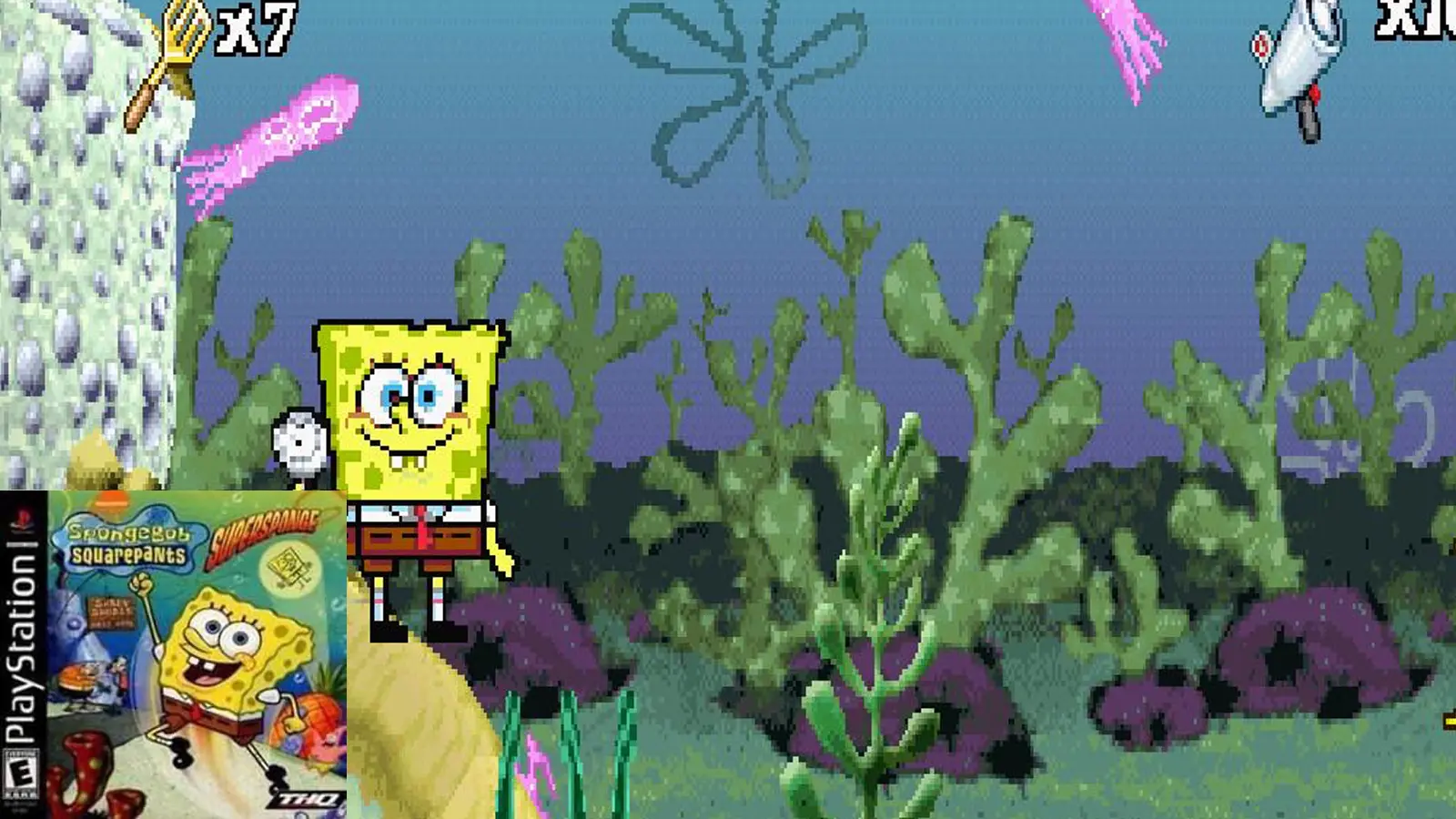 A wide close-up clean screenshot showcasing the vibrant 2D pixel art layout from the classic 2001 Game Boy Advance handheld game SpongeBob SquarePants: SuperSponge.