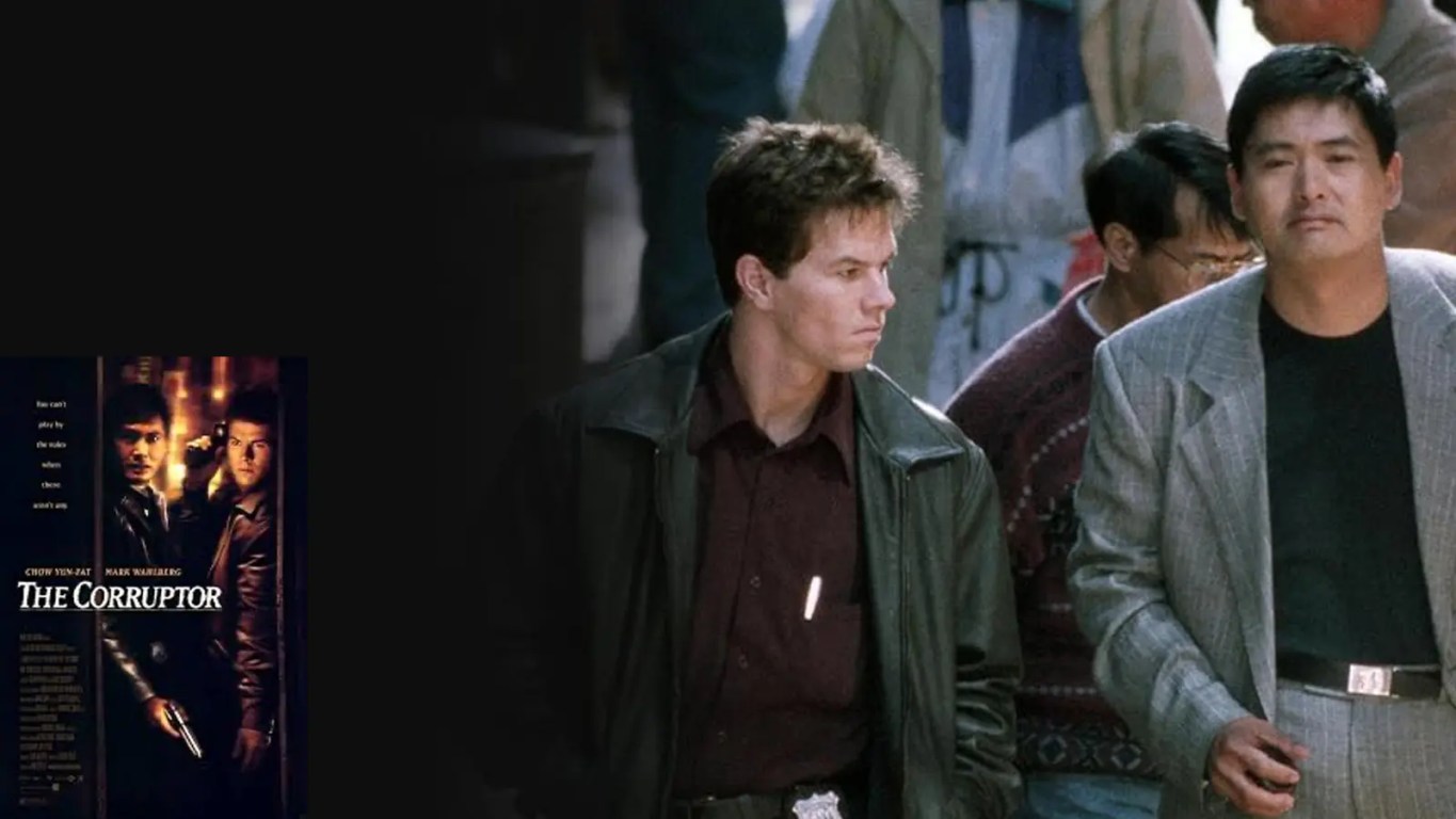 A high-visibility noir cinematic film still from the 1999 movie The Corruptor, featuring Chow Yun-Fat and Mark Wahlberg in a tense tactical New York undercover police operations sequence.