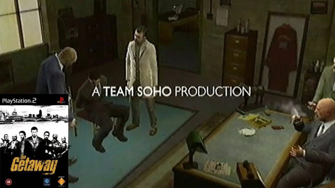 A high-contrast gameplay screenshot from the 2002 PS2 game The Getaway