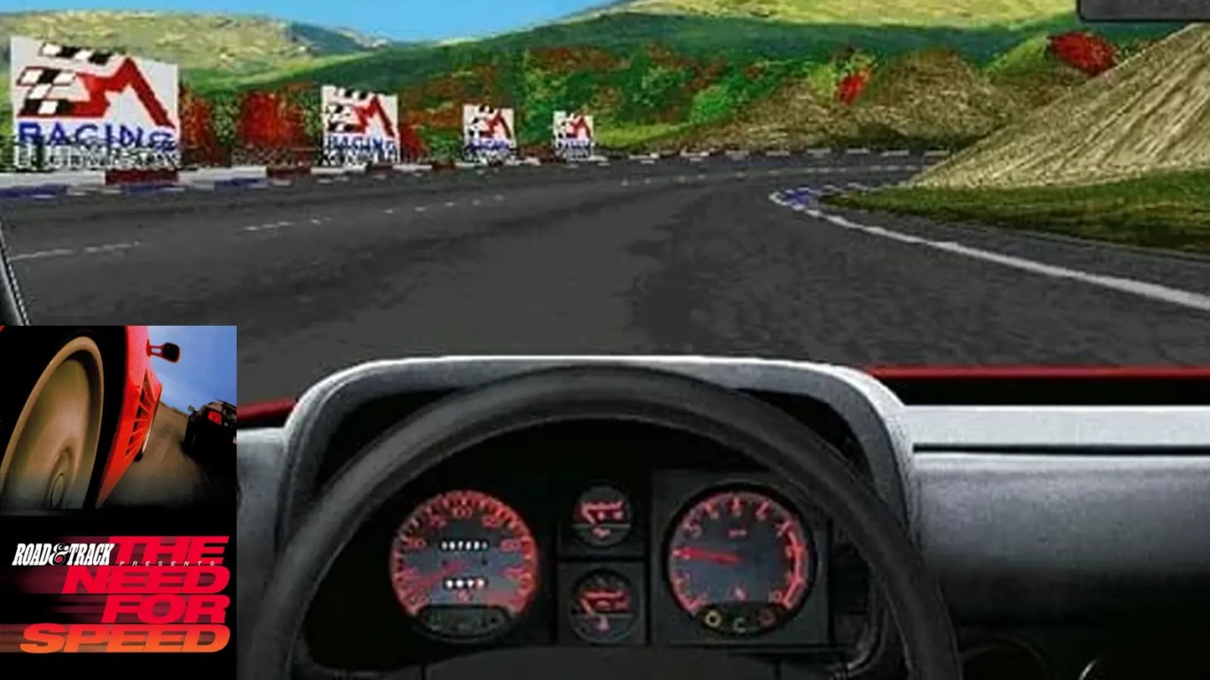 A wide classic screenshot of a red sports car dashboard view racing down a scenic digital open highway track under a clear sky.