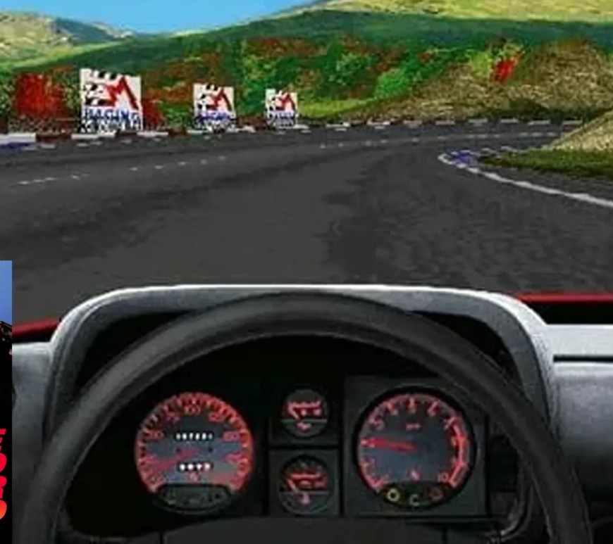 A wide classic screenshot of a red sports car dashboard view racing down a scenic digital open highway track under a clear sky.