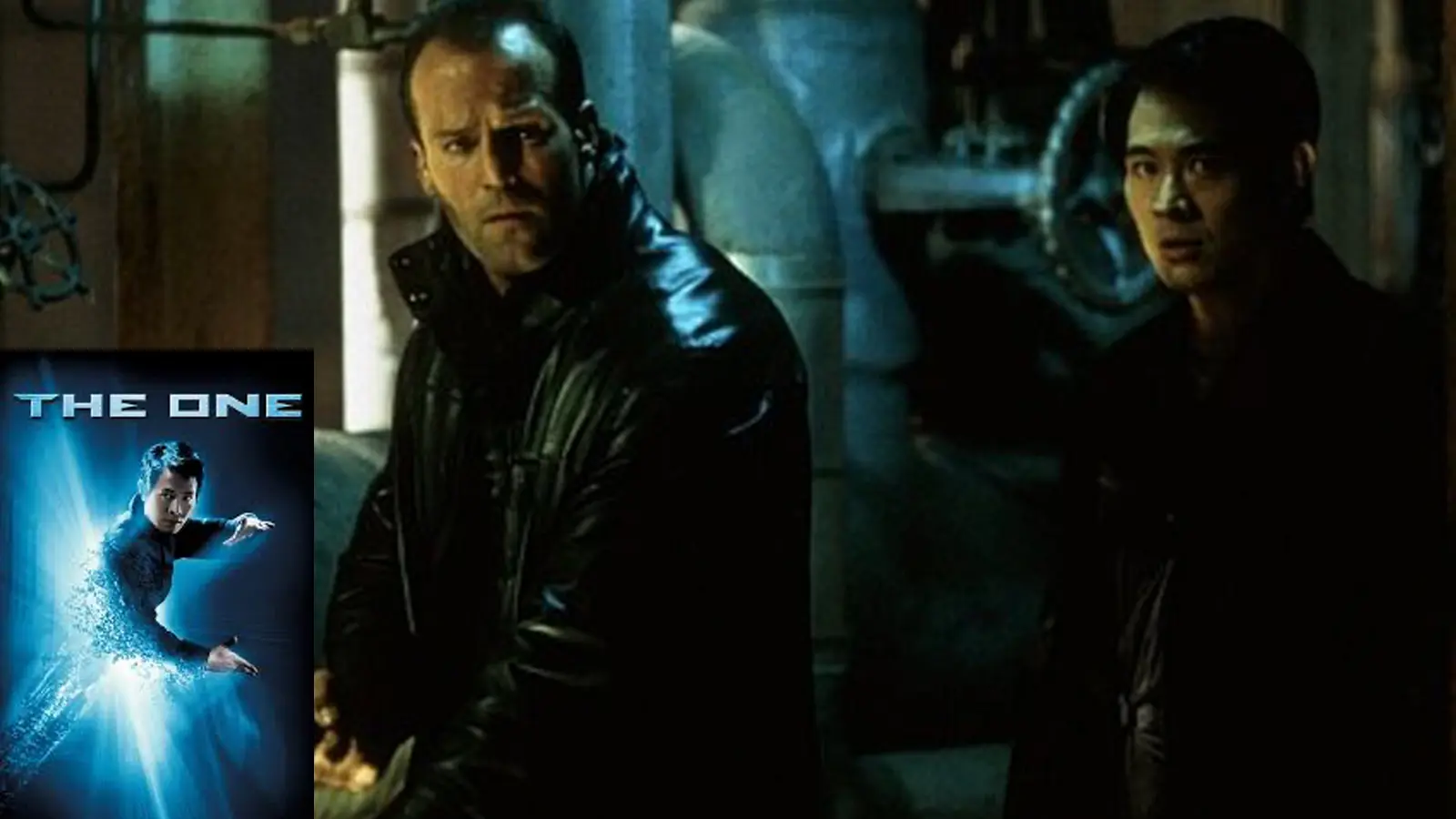 A high-contrast promotional action scene still from the 2001 sci-fi movie The One, featuring Jet Li and Jason Statham