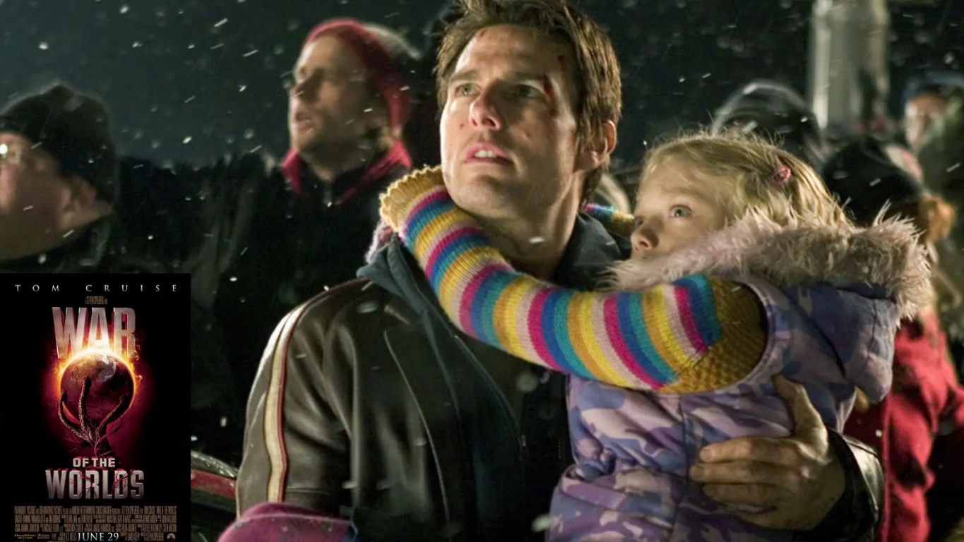 Tom Cruise in War of the Worlds (2005), depicting a tense sci-fi survival scene during an alien invasion directed by Steven Spielberg