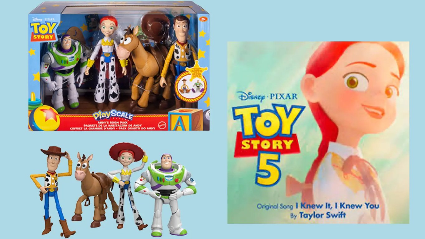 An image of a Toy Story 5 box set alongside the vinyl for Taylor Swift's "I Knew It, I Knew You"