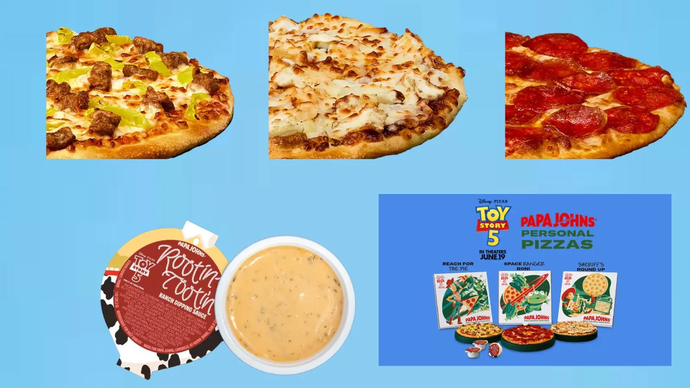 A vibrant studio display of the Papa Johns Toy Story 5 personal pizzas alongside the Rootin' Tootin' Ranch dipping cup.