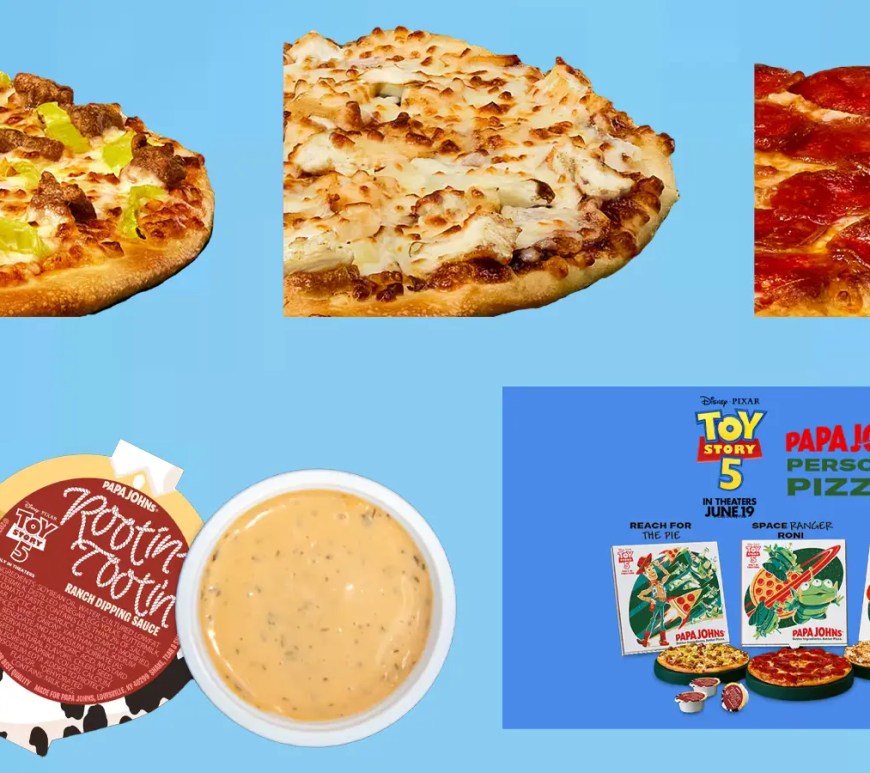 A vibrant studio display of the Papa Johns Toy Story 5 personal pizzas alongside the Rootin' Tootin' Ranch dipping cup.