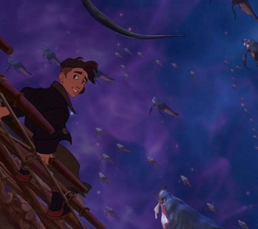 An animated film still of Jim Hawkins riding his solar surfer through a colorful, star-filled nebula in Disney's 2002 space adventure Treasure Planet.