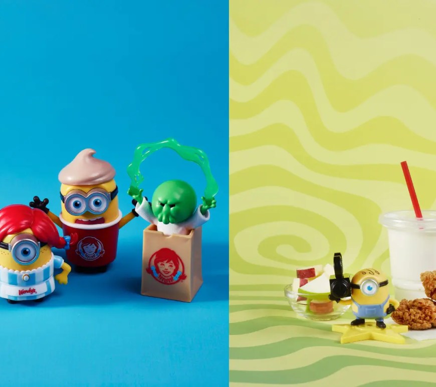 Wendy's Minions & Monsters Meal featuring a Banana Frosty Swirl, fries, sandwich, and collectible Minions character figures.