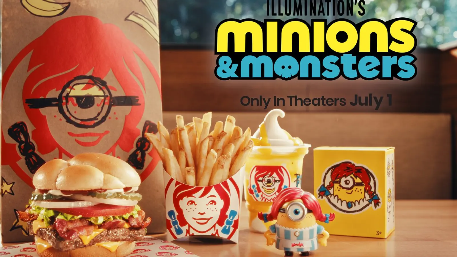Wendy's Minions & Monsters Meal featuring a Banana Frosty Swirl, fries, sandwich, and collectible Minions character figures.