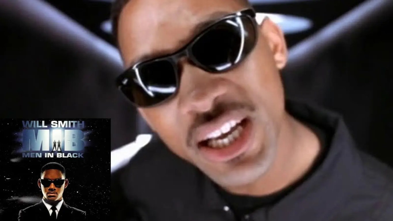 A vibrant, futuristic screenshot from the 1997 Men in Black music video, showing Will Smith