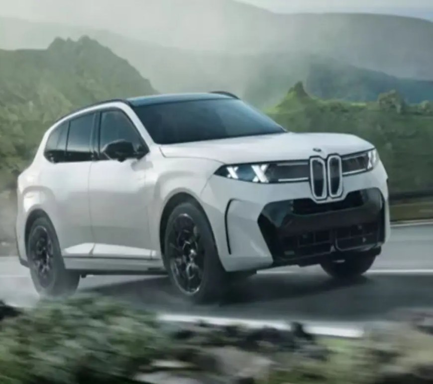 A crisp, horizontal side profile shot of the redesigned 2027 BMW X5 luxury SUV in a brilliant alpine white colorway, emphasizing its elongated roofline, flush-mounted window pillar touch panels, and minimalist geometric character lines.