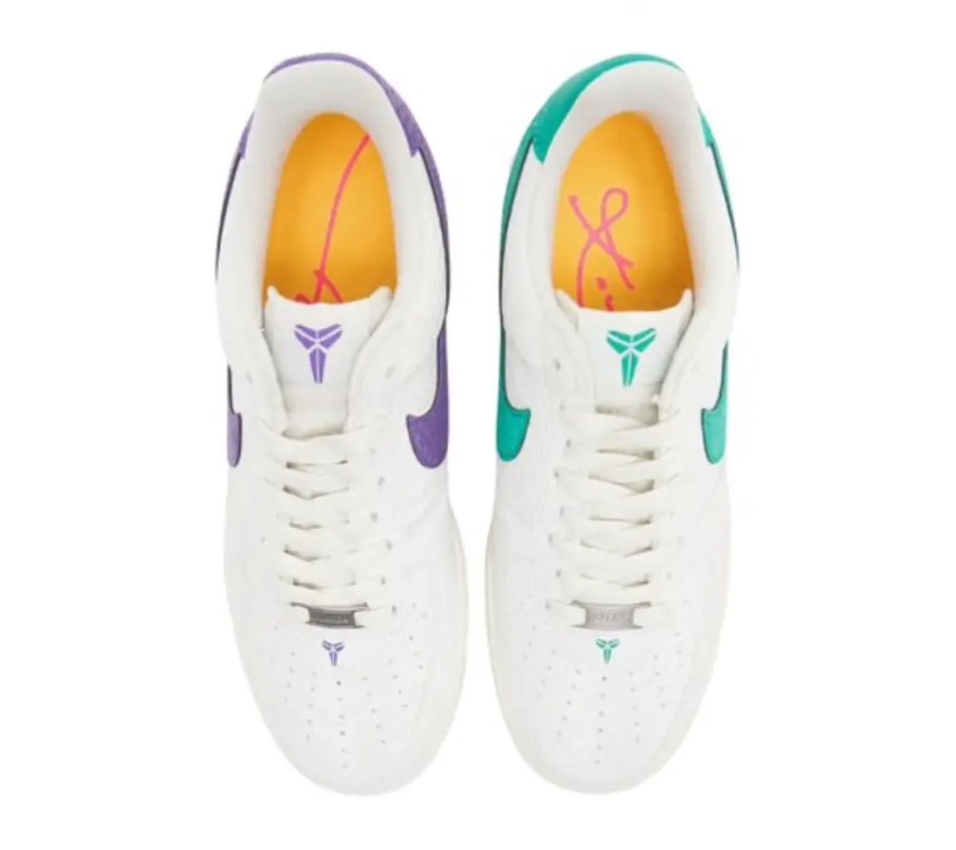 The Nike Kobe “Multicolor” a Sail leather base with subtle snakeskin texturing, paired with an Emerald Green accent on the left shoe and Hyper Purple on the right.