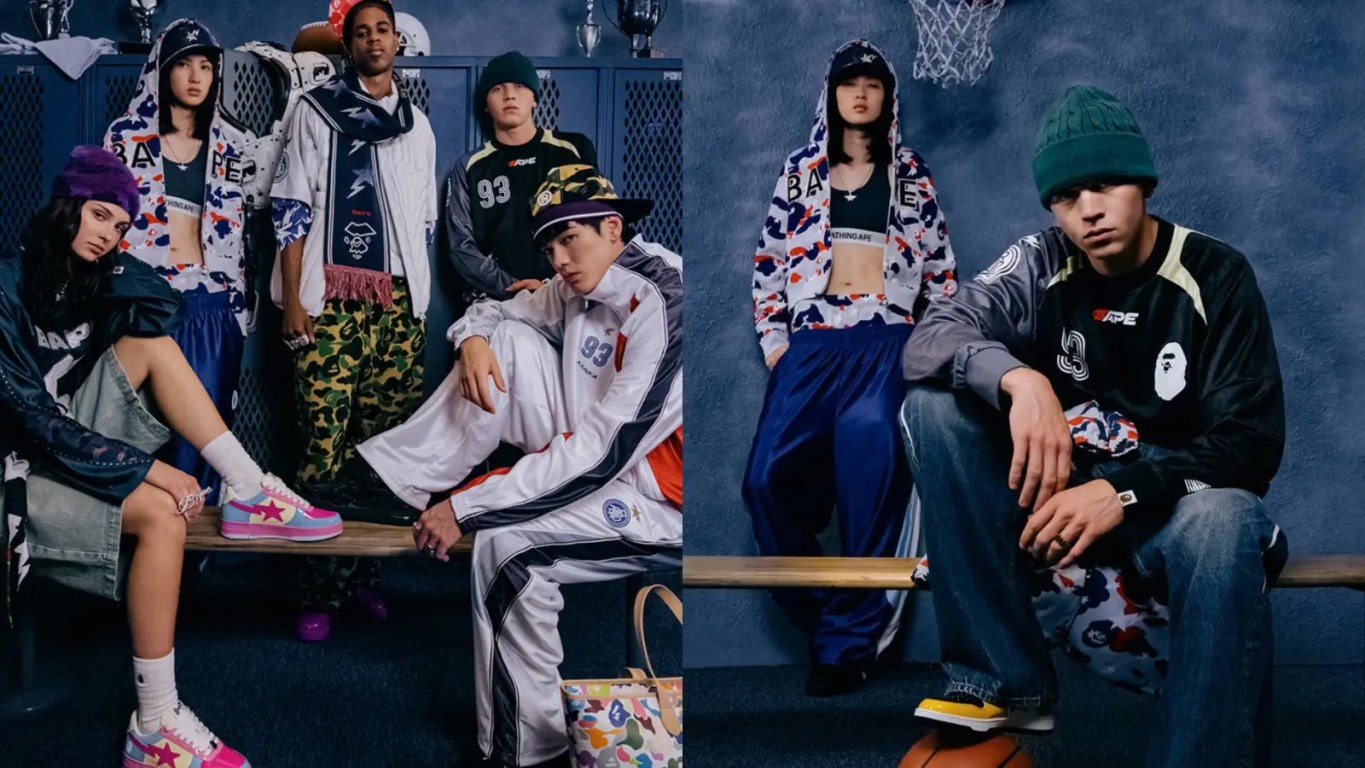 A horizontal high-fashion studio lookbook shot showcase models wearing BAPE FW26