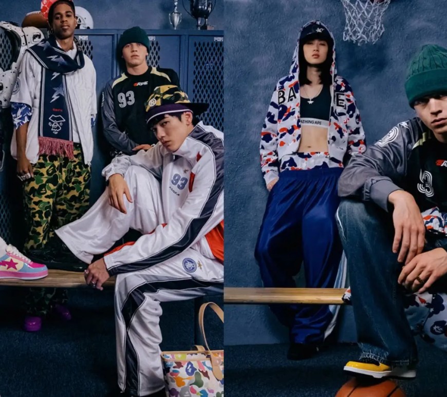 A horizontal high-fashion studio lookbook shot showcase models wearing BAPE FW26