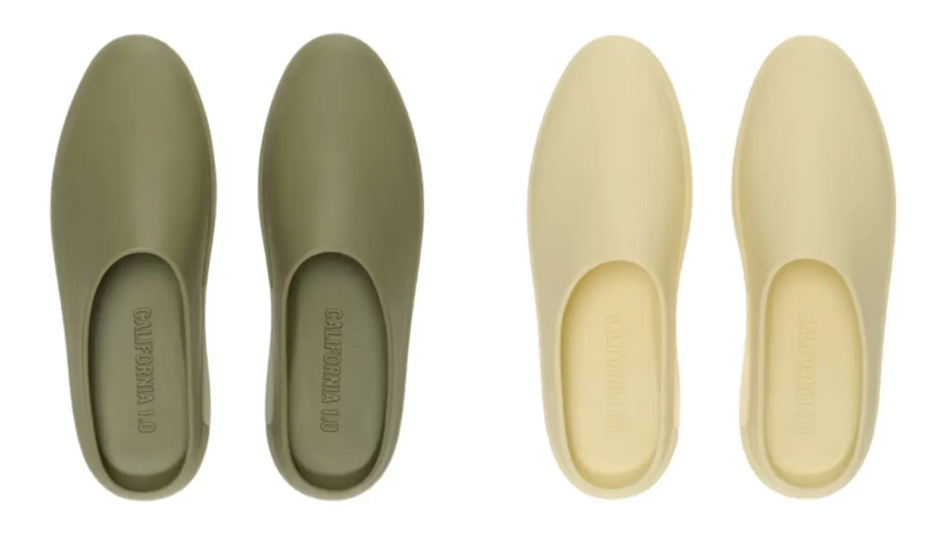 Fear of God California 1.0 in tan and olive green side by side.