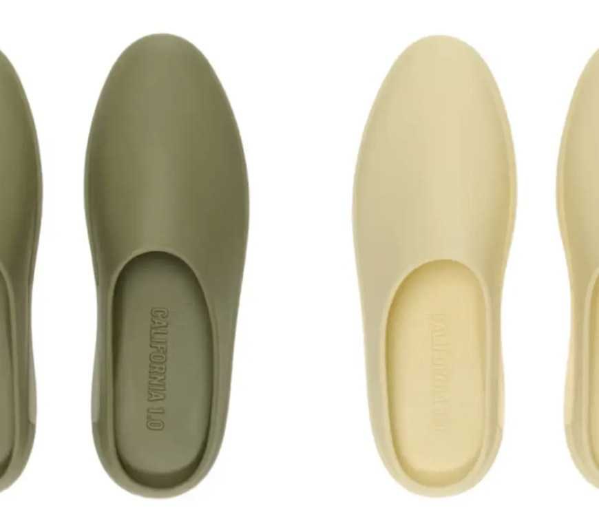 Fear of God California 1.0 in tan and olive green side by side.