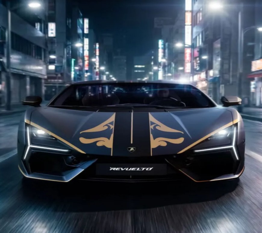 A look at the Lamborghini Samurai limited-edition showcasing the front of the car in a city backdrop