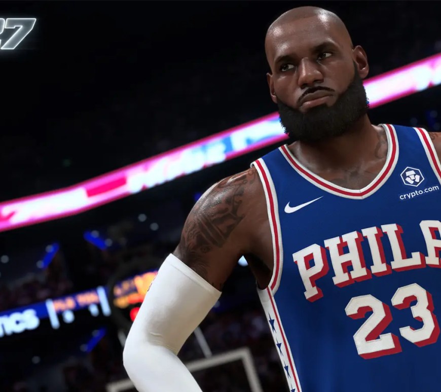 A still of LeBron James in a Sixers jersey in NBA 2K27