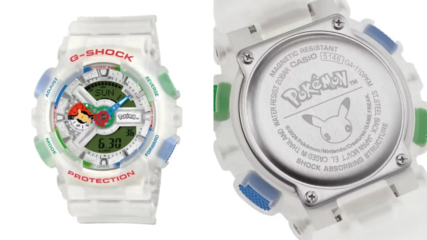 A clean horizontal close-up shot showcasing the Lugia-inspired ice-white and sea-blue Casio G-Shock watch.