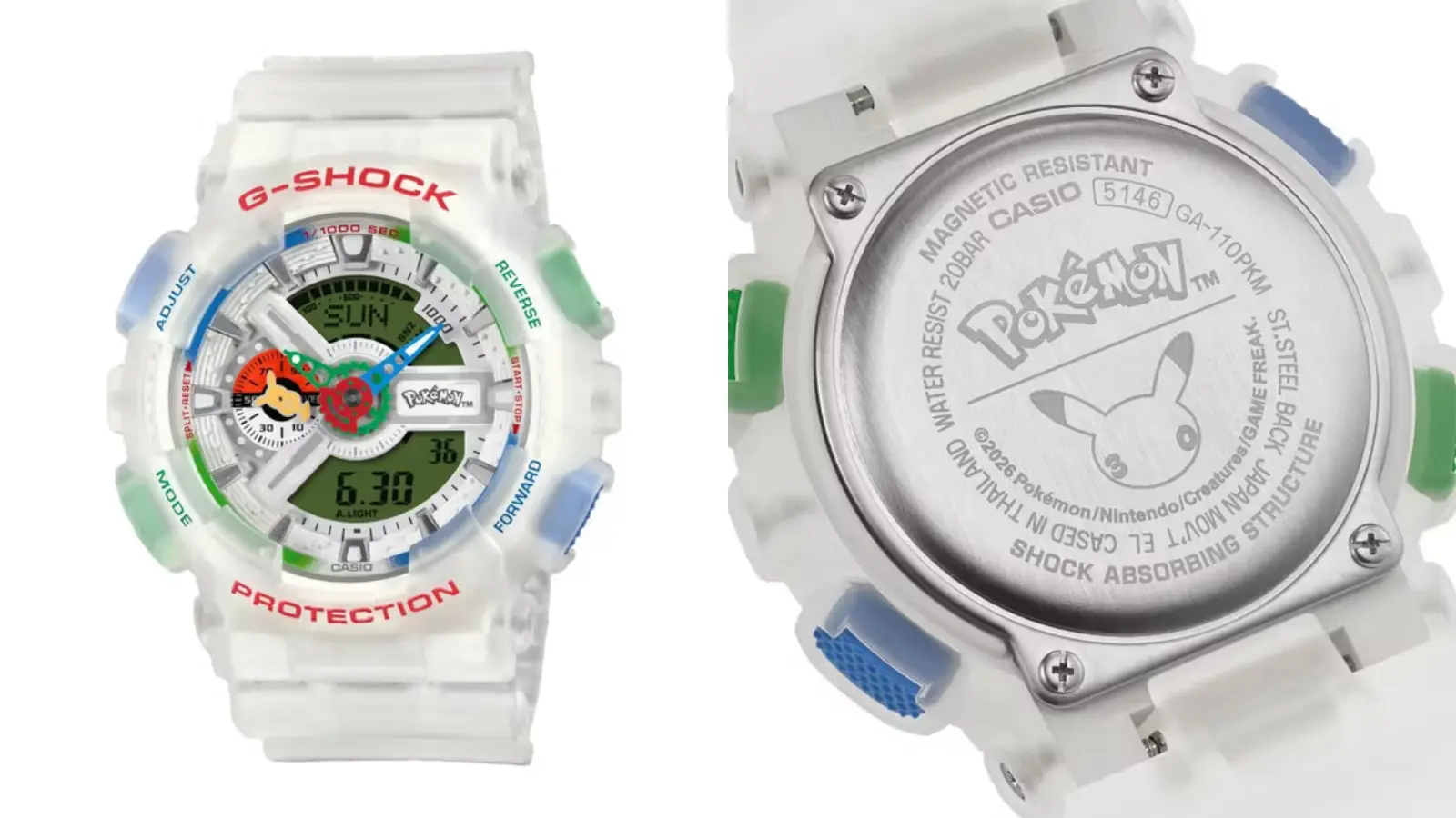 A clean horizontal close-up shot showcasing the Lugia-inspired ice-white and sea-blue Casio G-Shock watch.