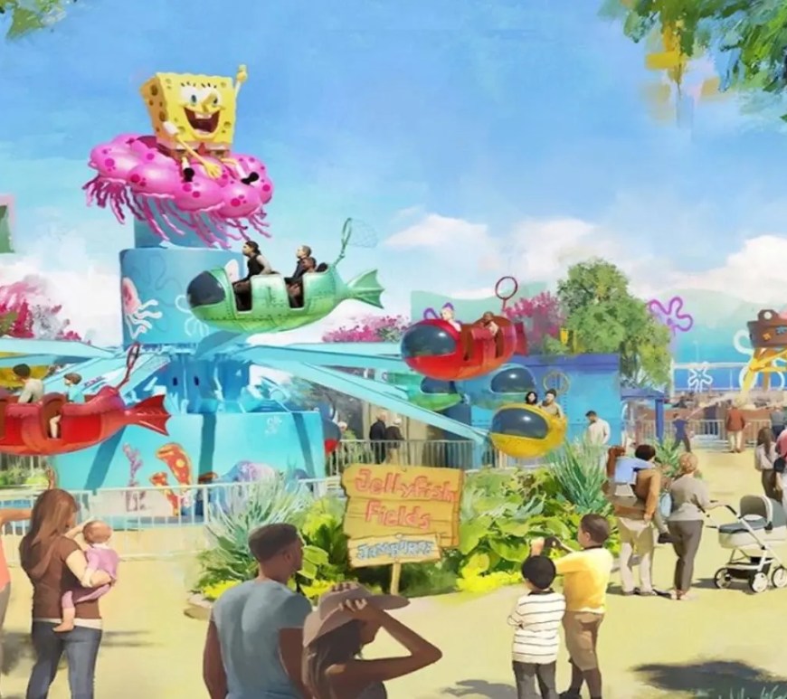 A vibrant, colorful concept rendering displaying the entrance to the SpongeBob SquarePants Bikini Bottom land at Universal Kids Resort, showcasing the Pineapple Paradise water play structure and child-friendly rides under a bright blue sky.