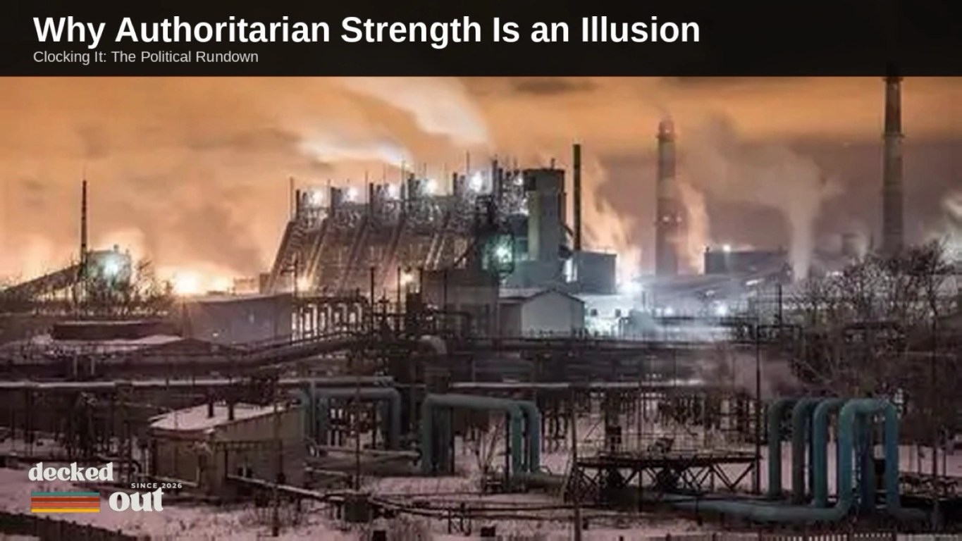 Why Authoritarian Strength Is an Illusion: Nighttime view of the world’s largest industrial plant with towering smokestacks releasing steam, sprawling metal piping structures, and an orange sky glowing over snow‑covered ground.
