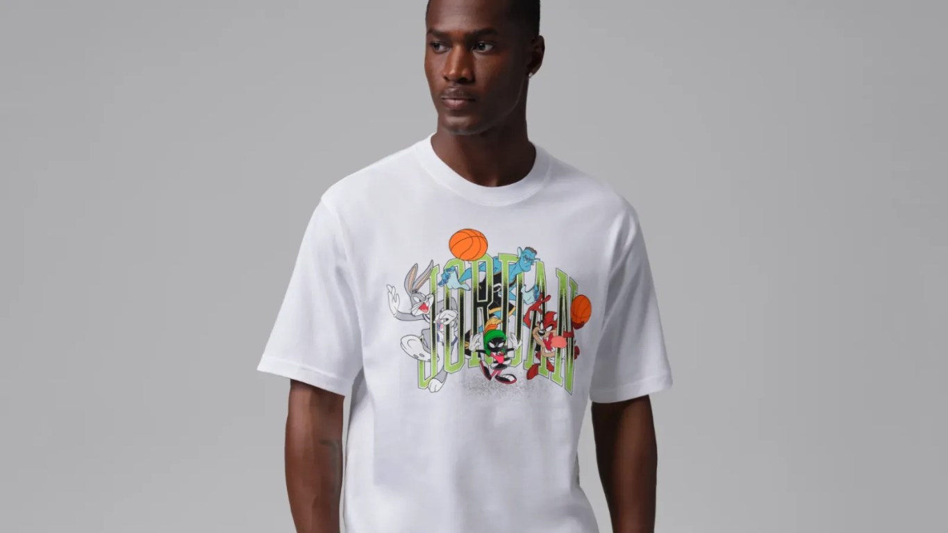 A look at the Jordan Brand Space Jam collection displaying a white t-shirt