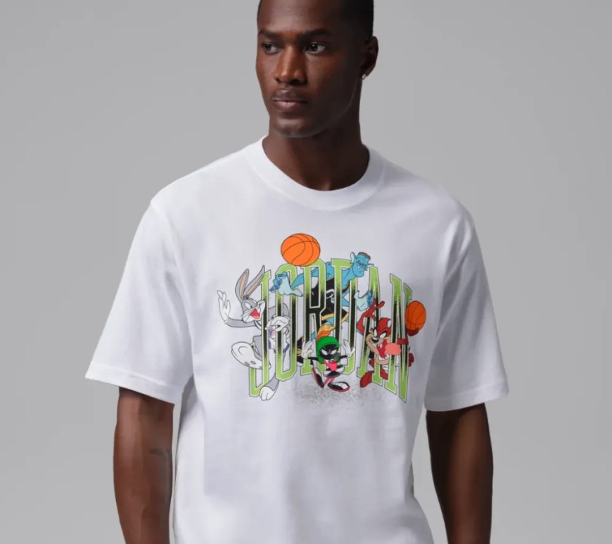 A look at the Jordan Brand Space Jam collection displaying a white t-shirt